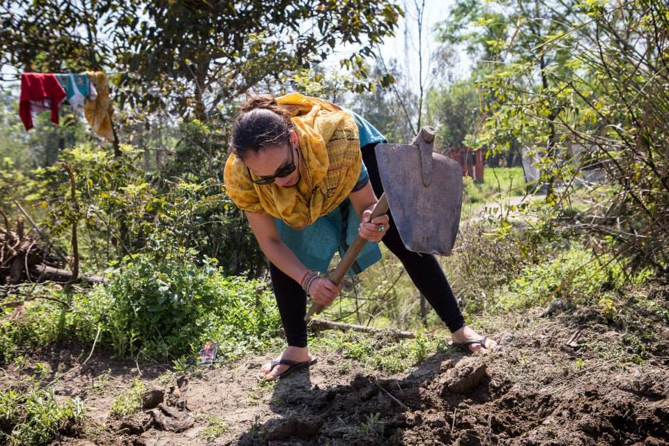 A volunteer turning over soil with a spade in an outdoor garden plot.